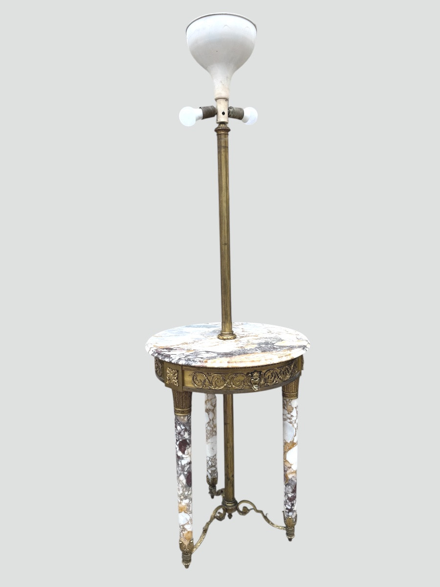 Louis XVI Style Marble Side Table/floor Lamp, Adorned With Bronzes, Early 20th Century