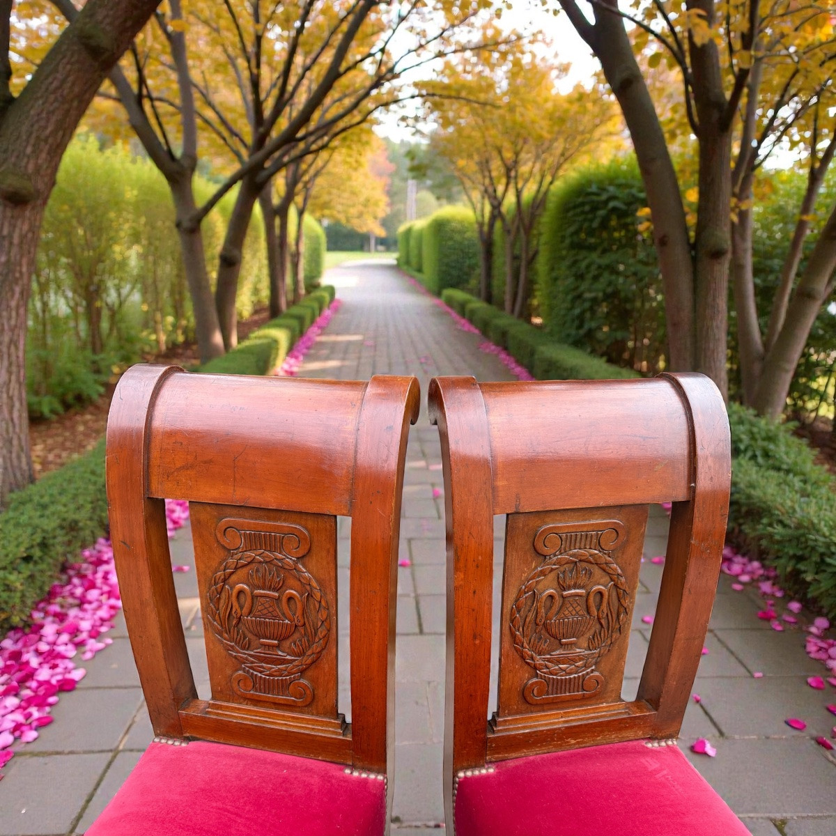 Paire de grandes banquettes de style directoire XIXème, tapissées velours rouge -photo-6