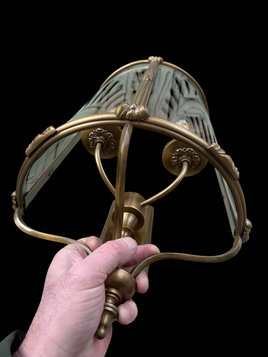 Pair Of Louis XVI Style Wall Sconces Forming Half-lanterns In Bronze And Gilt Brass -photo-3