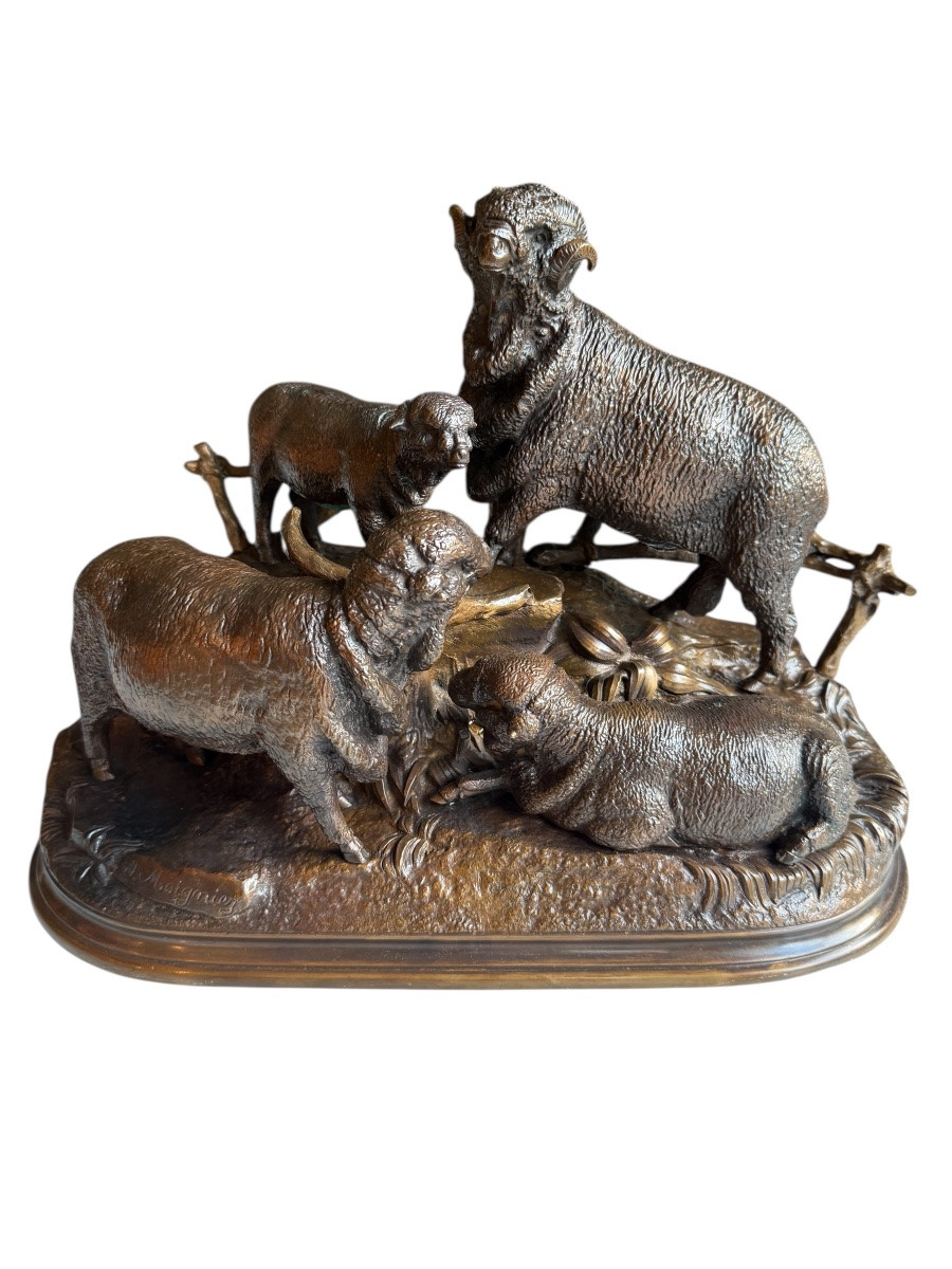 Group Of Bronze Merino Sheep Signed Jules Moigniez (1835-1894)-photo-2