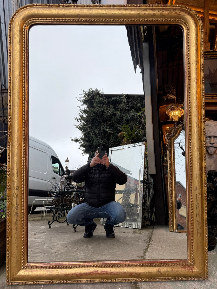 Miroir de cheminée doré , époque XIXème , motifs de fleurs gravées et perles -photo-2