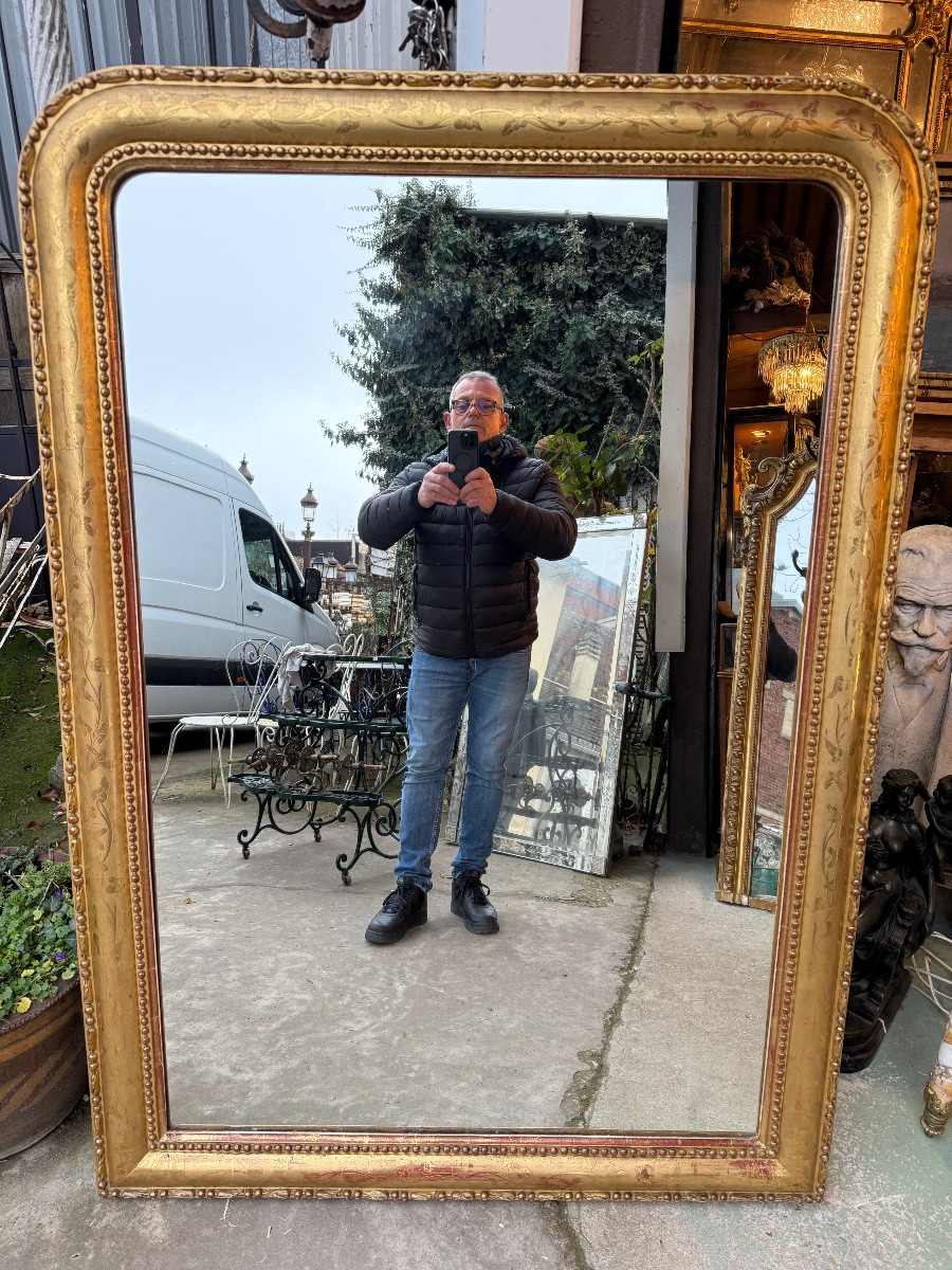 Miroir de cheminée doré , époque XIXème , motifs de fleurs gravées et perles -photo-3