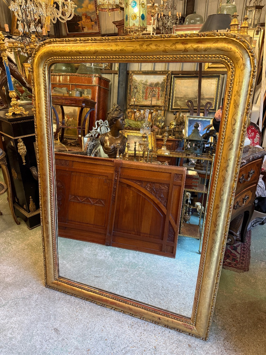 Miroir de cheminée doré , époque XIXème , motifs de fleurs gravées et perles -photo-1