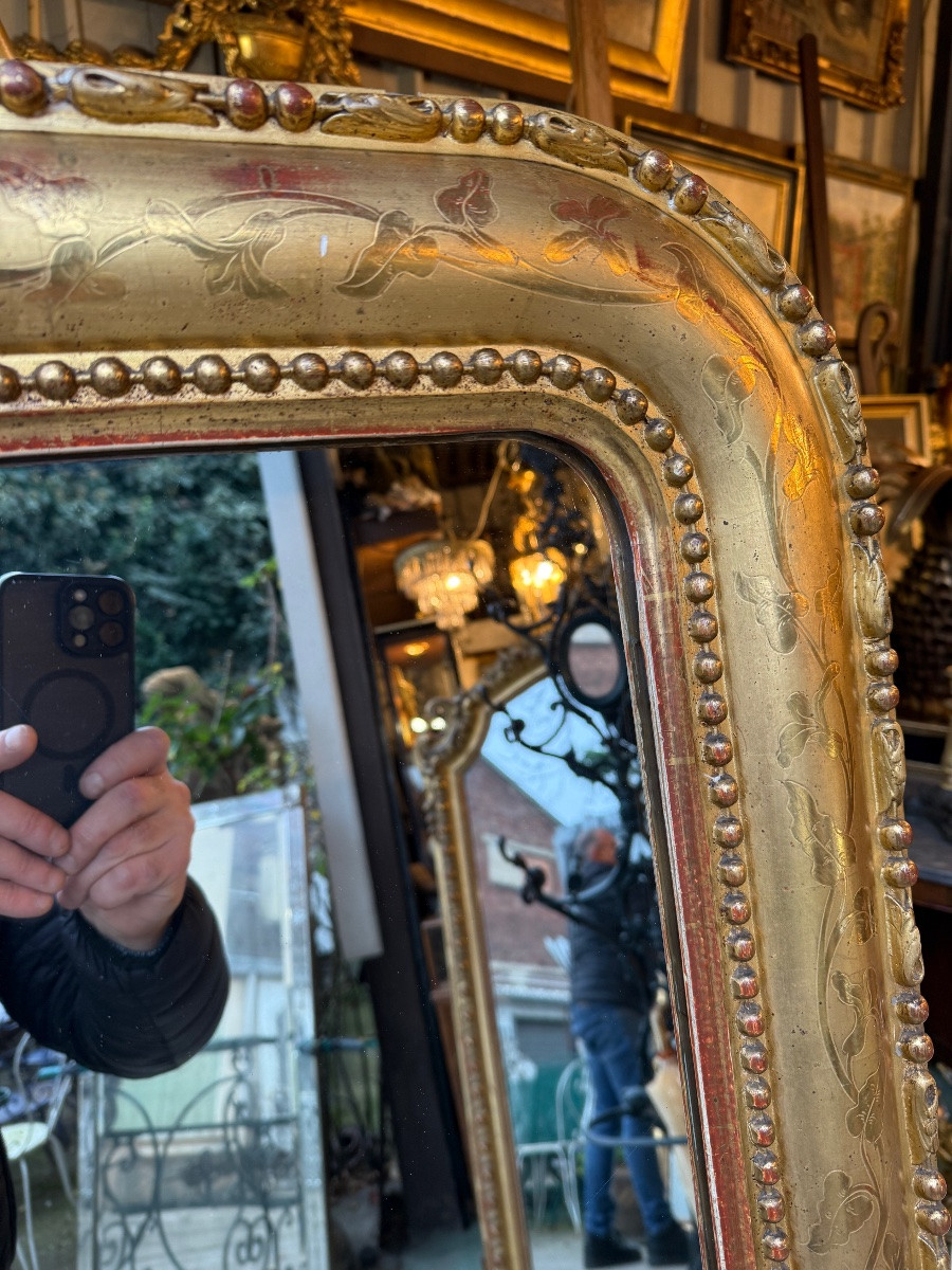 Miroir de cheminée doré , époque XIXème , motifs de fleurs gravées et perles -photo-2