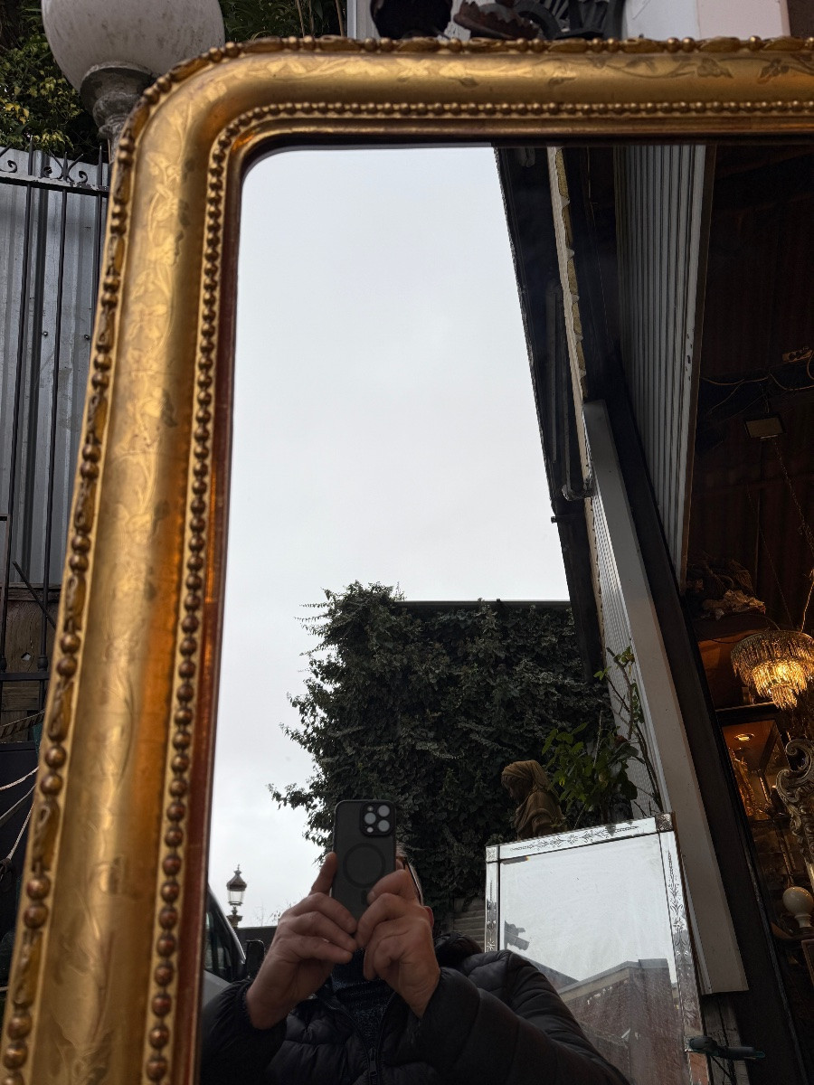 Miroir de cheminée doré , époque XIXème , motifs de fleurs gravées et perles -photo-3