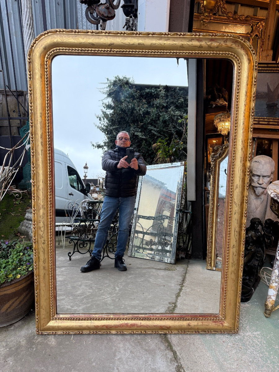 Miroir de cheminée doré , époque XIXème , motifs de fleurs gravées et perles -photo-4