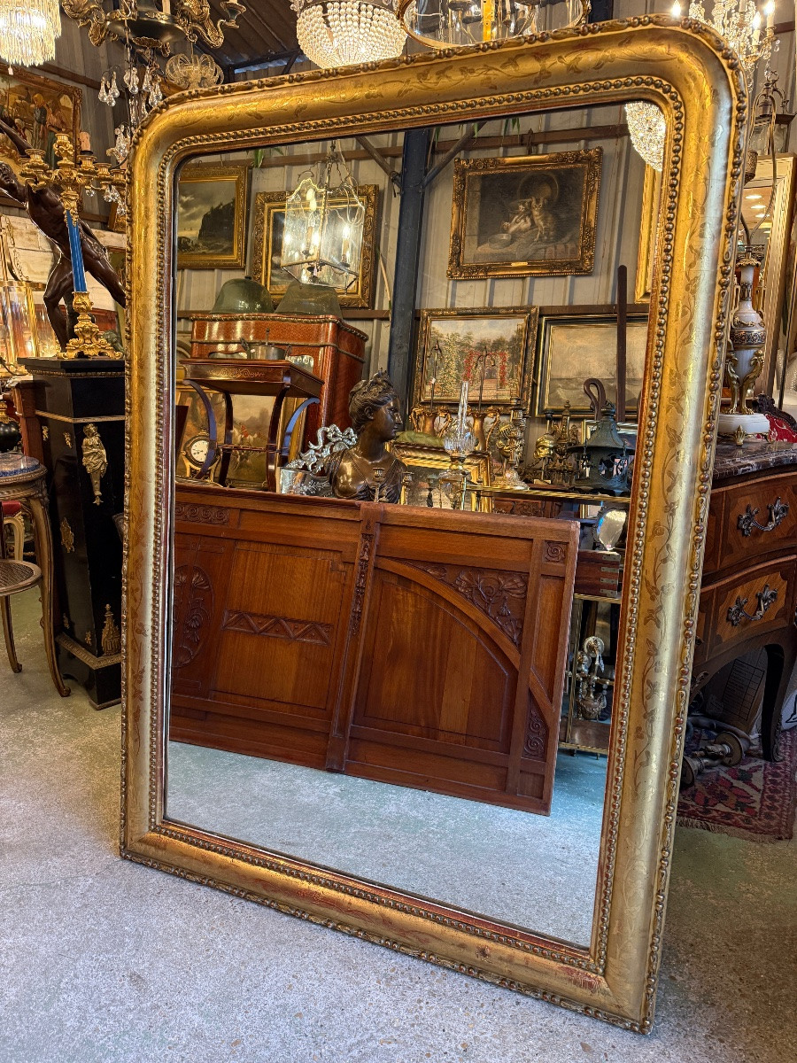 Miroir de cheminée doré , époque XIXème , motifs de fleurs gravées et perles -photo-5