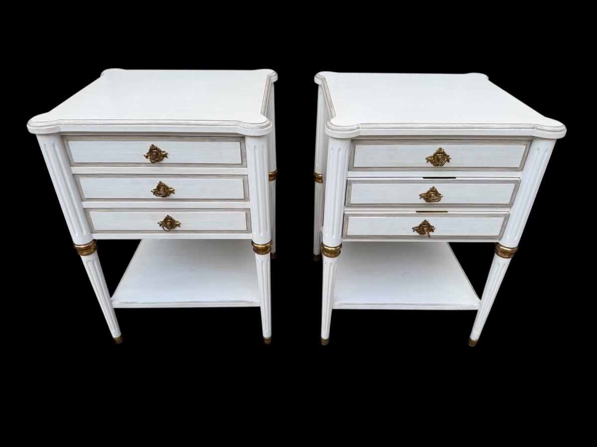 Pair Of Louis XVI Style Bedside Tables, White Lacquered, 20th Century.-photo-3