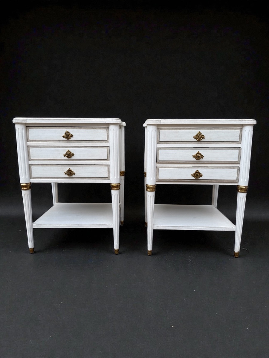 Pair Of Louis XVI Style Bedside Tables, White Lacquered, 20th Century.