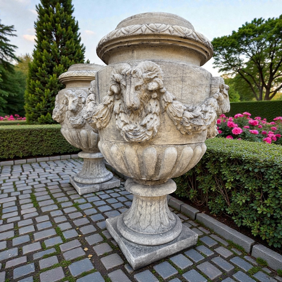 Paire de vases de jardin de style Louis XVI en pierre reconstituée, décor de têtes de bélier -photo-3
