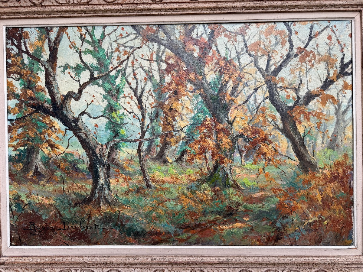 Large Signed Oil On Canvas Depicting An Autumn Forest, Montparnasse Frame-photo-3