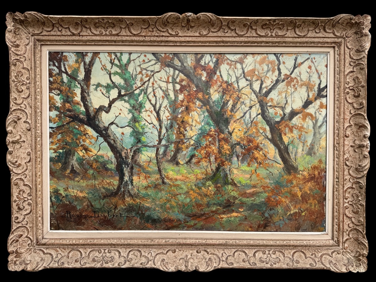 Large Signed Oil On Canvas Depicting An Autumn Forest, Montparnasse Frame-photo-1