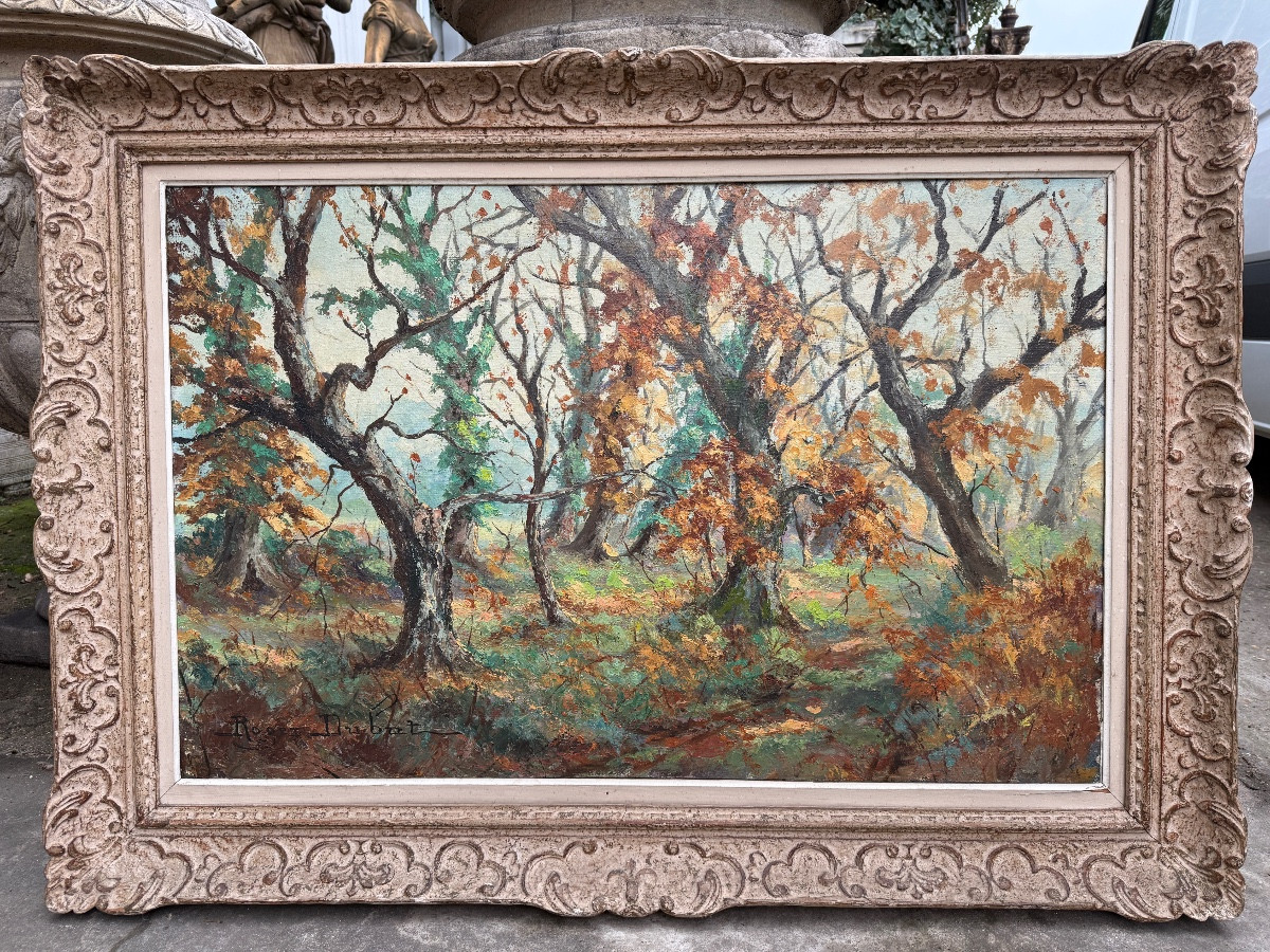 Large Signed Oil On Canvas Depicting An Autumn Forest, Montparnasse Frame