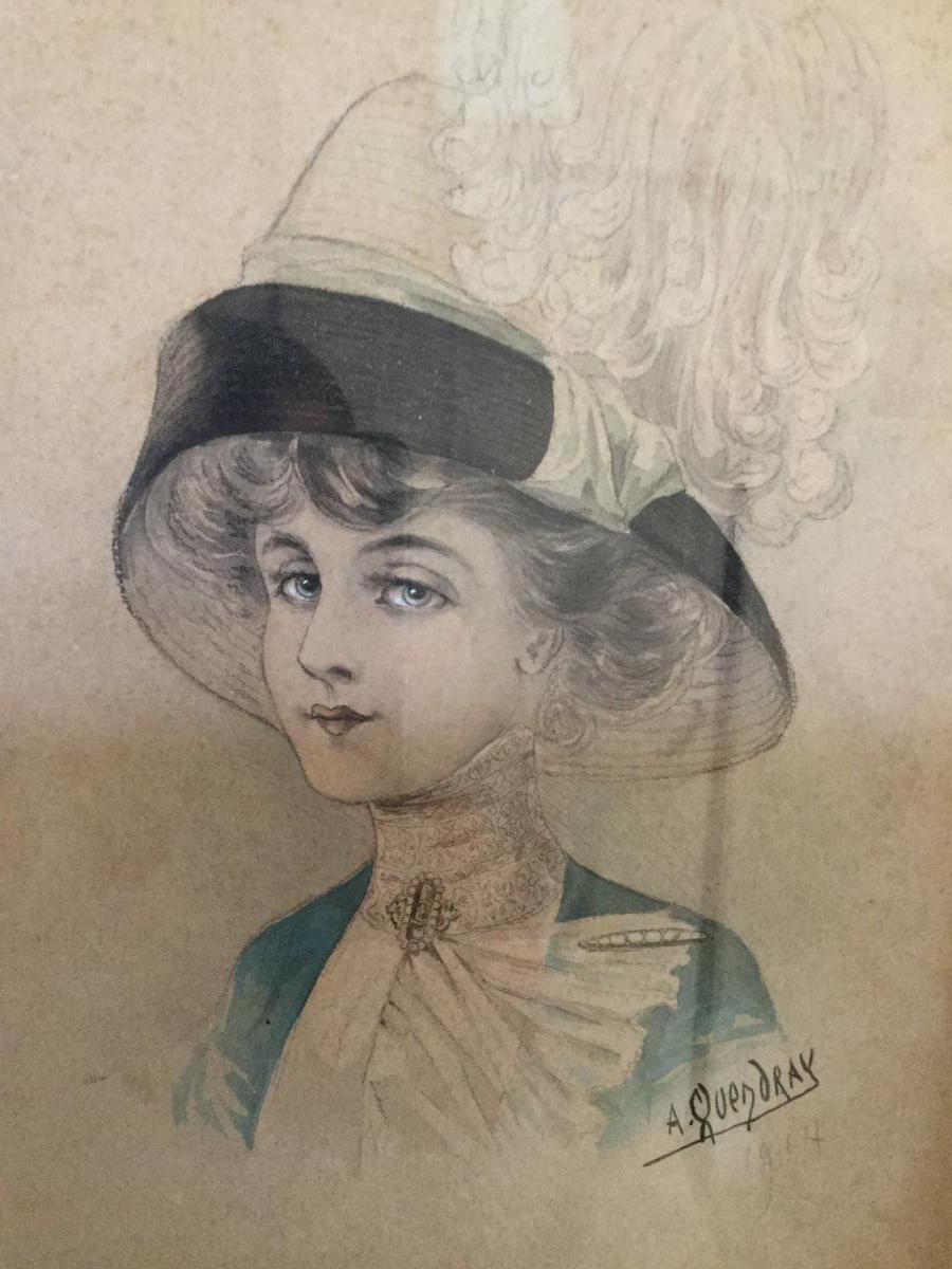 Dessin De Mode époque 1900 Signé, Portrait d'Une élégante Femme Au Chapeau 