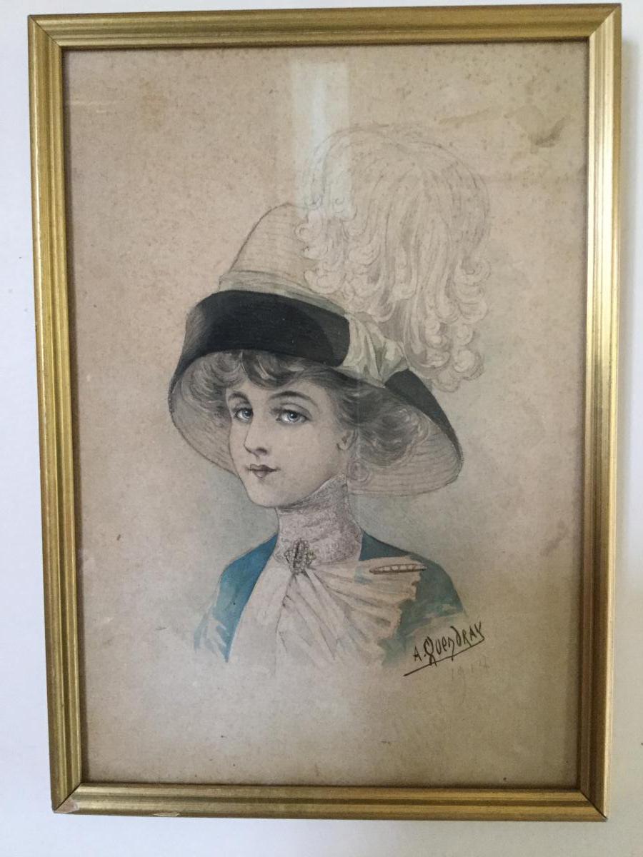 Drawing Fashion 1900s Signed Portrait Of Elegant Woman In The Hat-photo-2