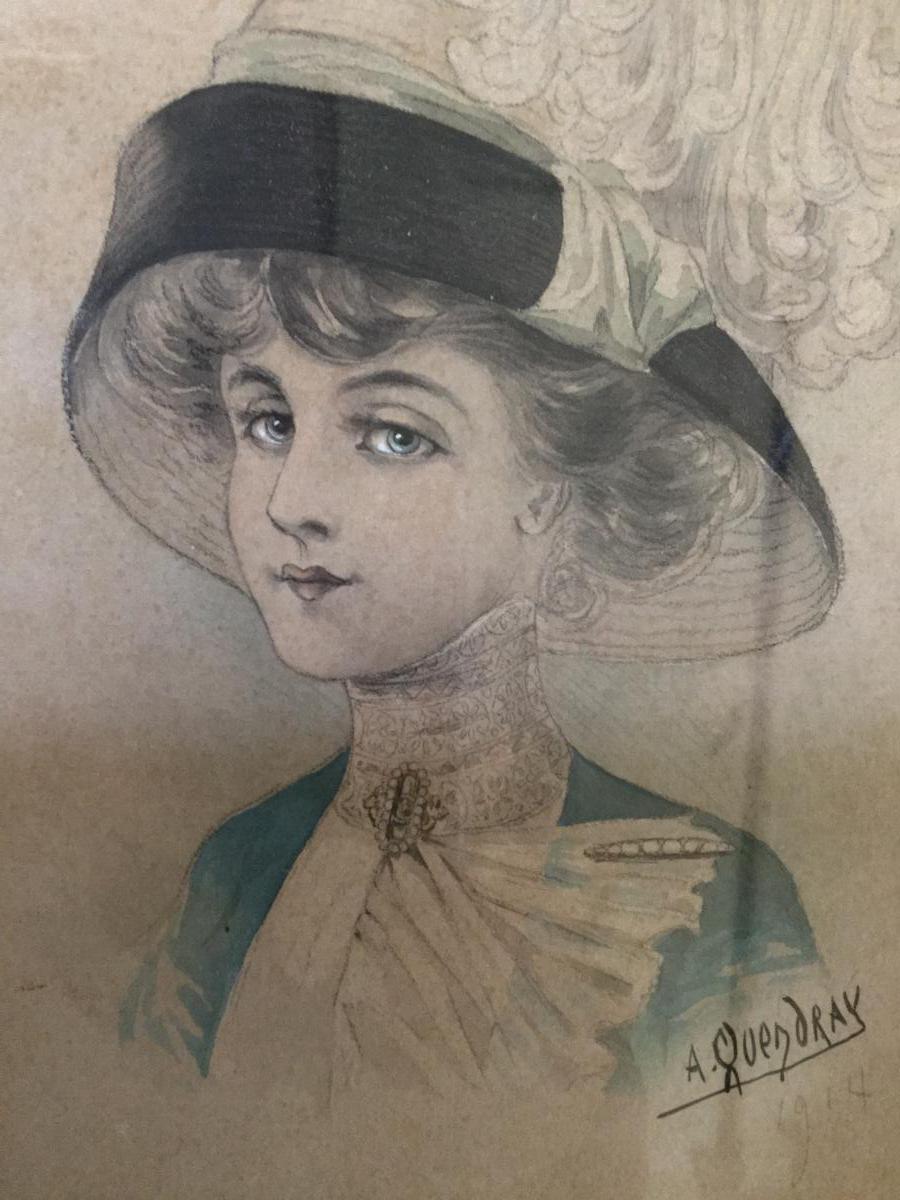 Dessin De Mode époque 1900 Signé, Portrait d'Une élégante Femme Au Chapeau -photo-3