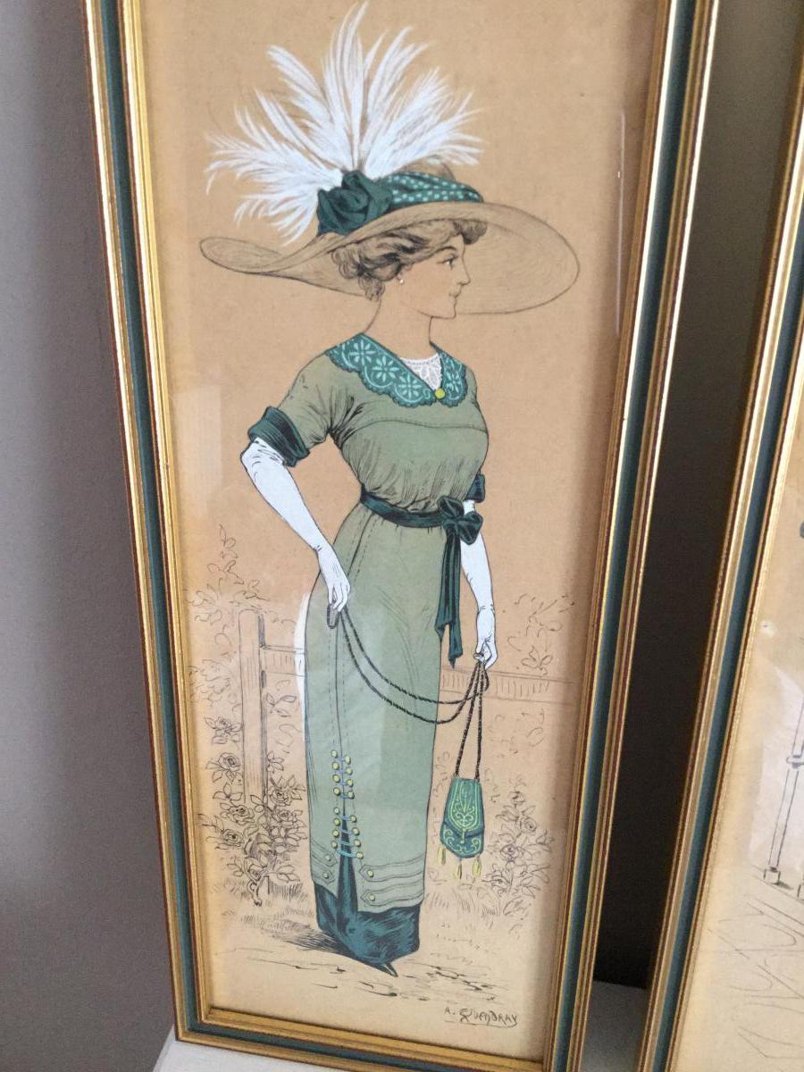 2 Fashion Drawings Watercolors 1900s, Signed-photo-2