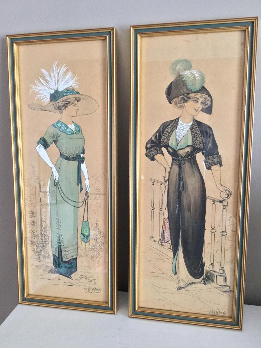 2 Fashion Drawings Watercolors 1900s, Signed-photo-2