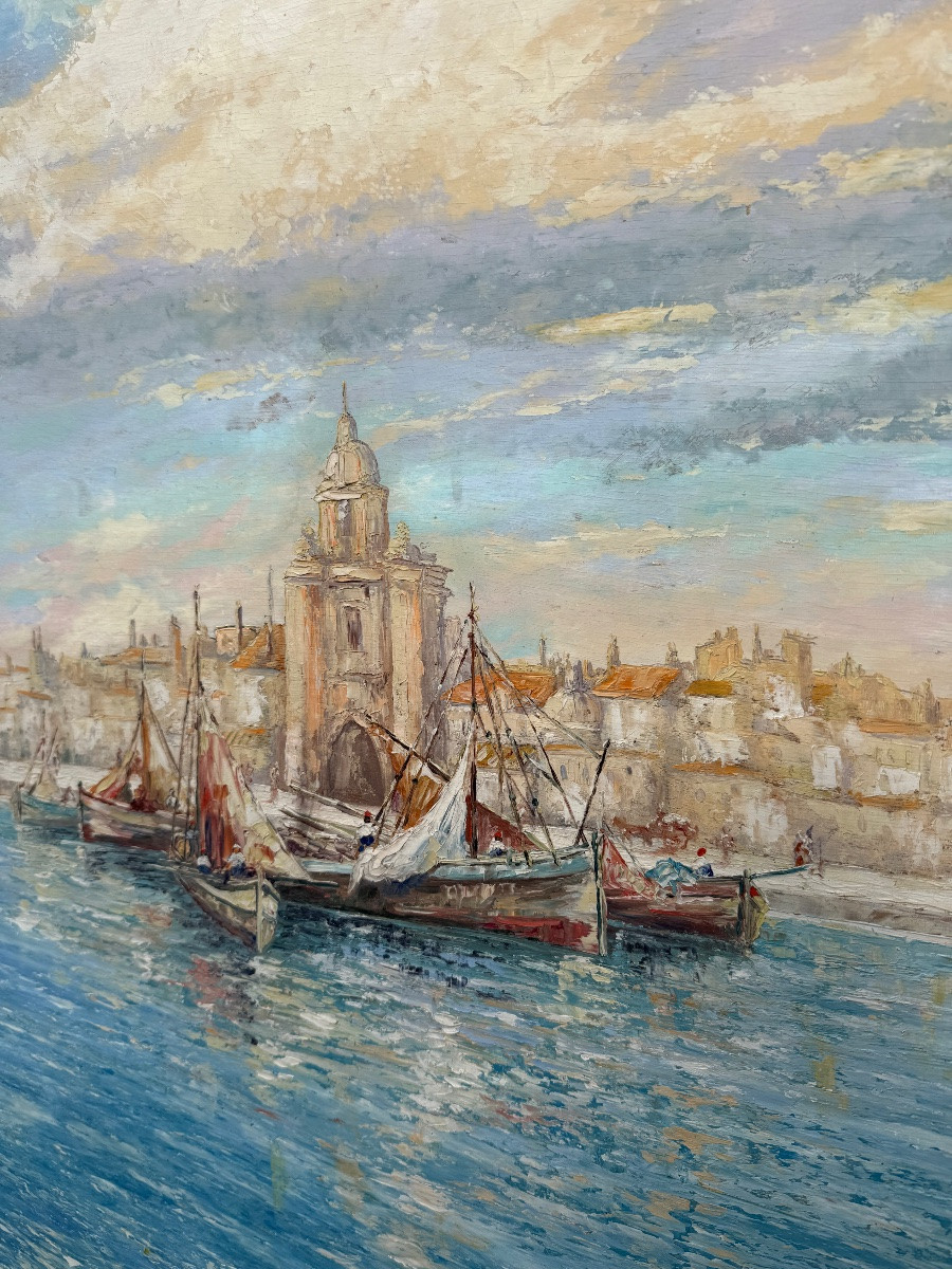 Oil On Panel, View Of The Port Of La Rochelle, Landscape Signed Gino Balestrieri 1941-photo-3
