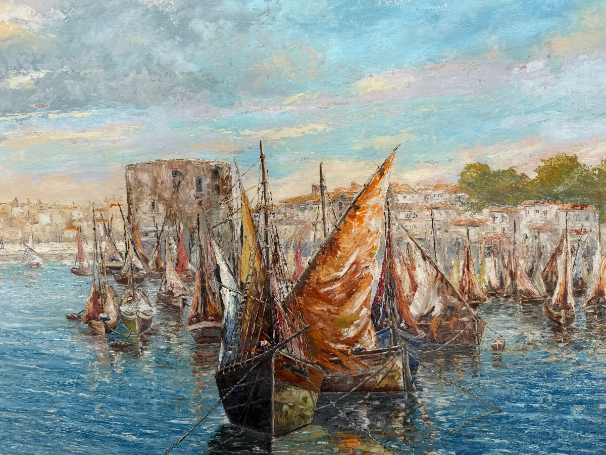 Oil On Panel, View Of The Port Of La Rochelle, Landscape Signed Gino Balestrieri 1941-photo-4