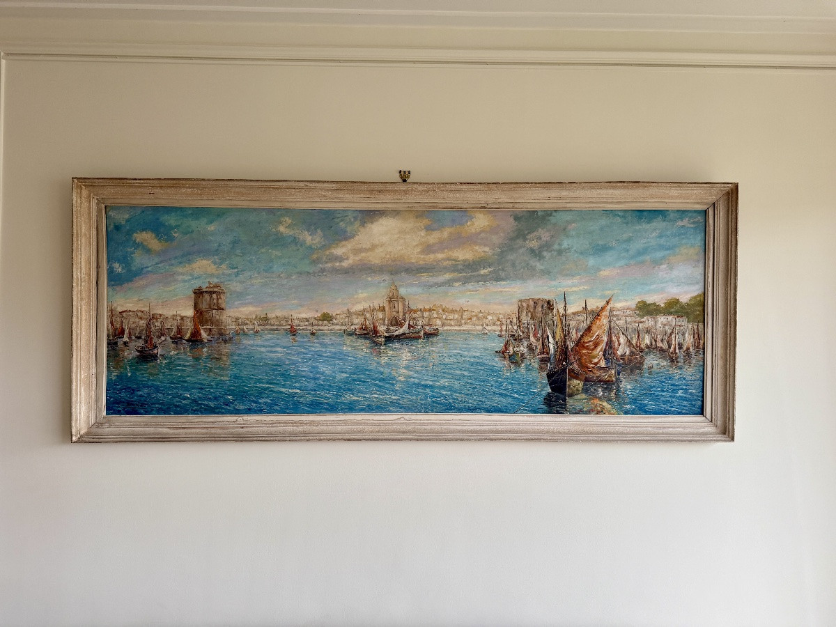 Oil On Panel, View Of The Port Of La Rochelle, Landscape Signed Gino Balestrieri 1941-photo-1