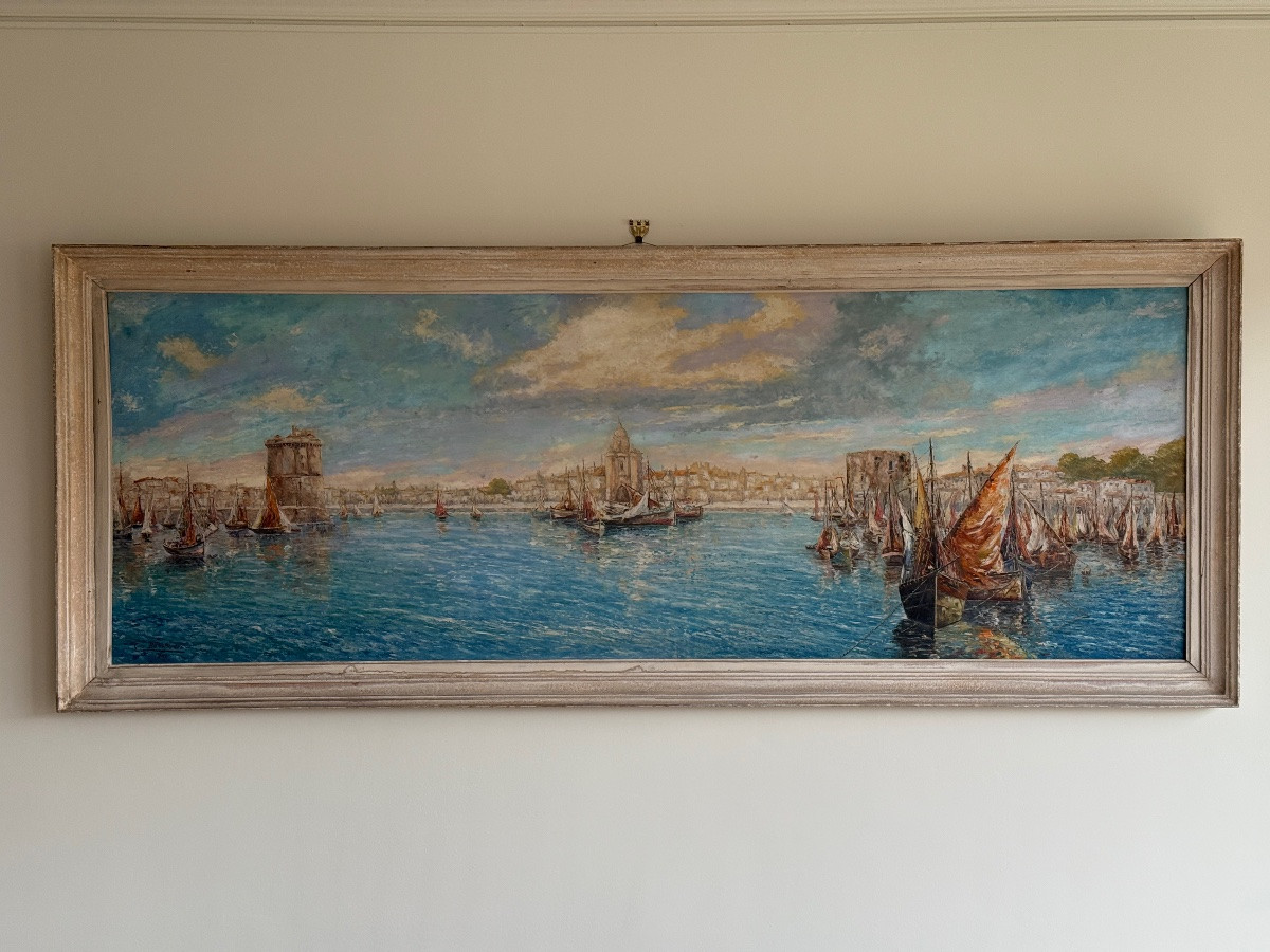Oil On Panel, View Of The Port Of La Rochelle, Landscape Signed Gino Balestrieri 1941-photo-2