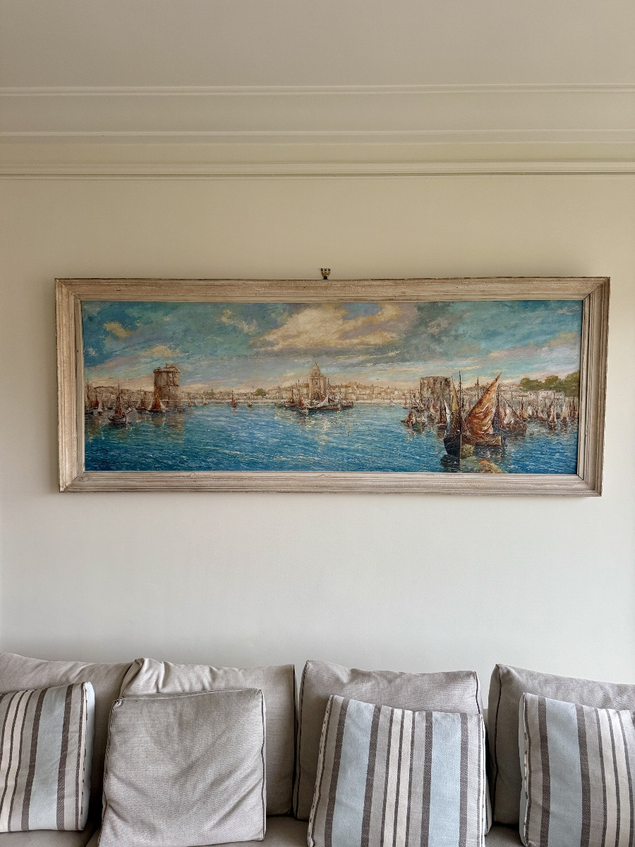 Oil On Panel, View Of The Port Of La Rochelle, Landscape Signed Gino Balestrieri 1941-photo-3