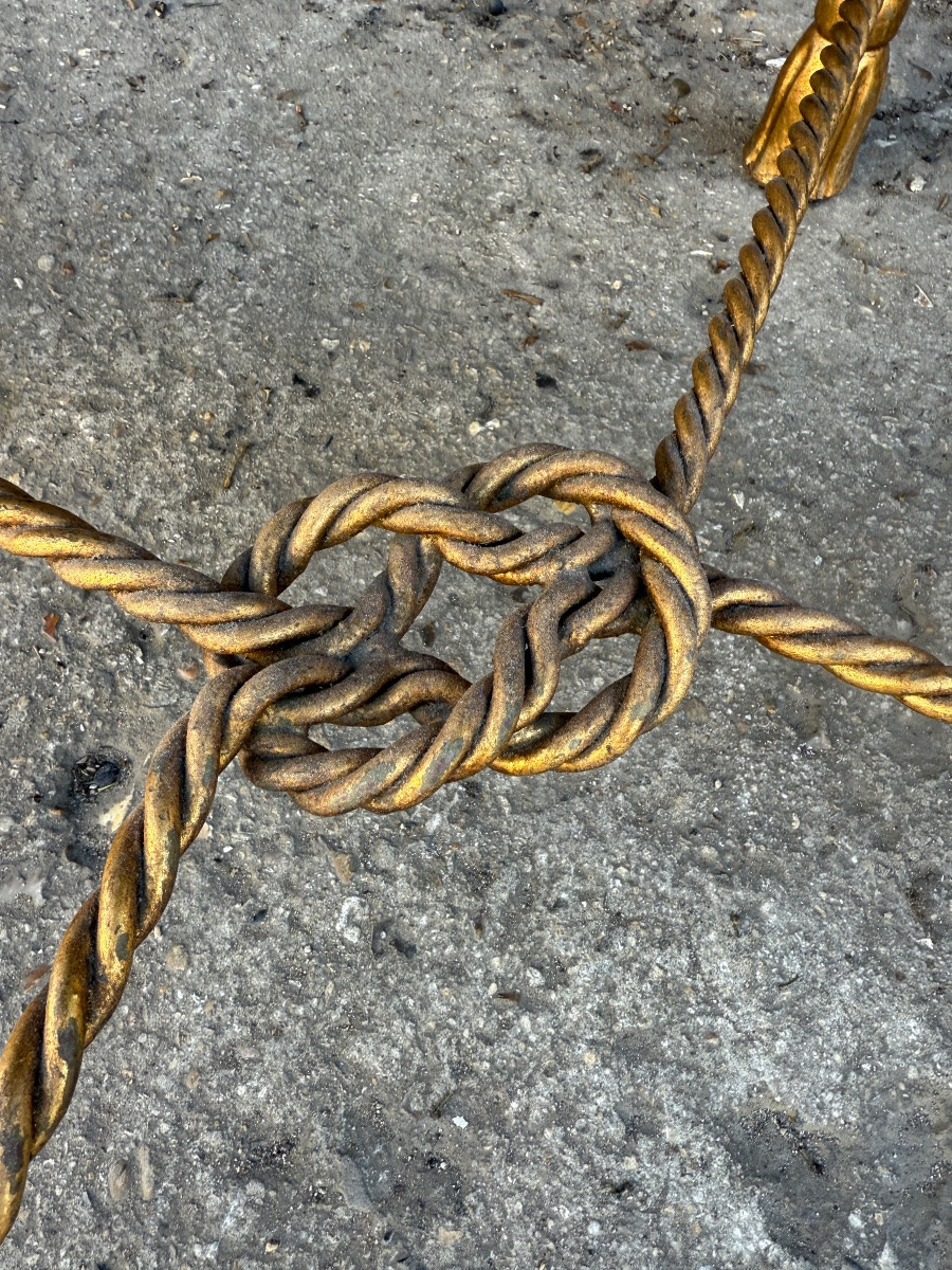 Fauteuil en métal torsadé vers 1950, décor de pompons, passementerie -photo-7