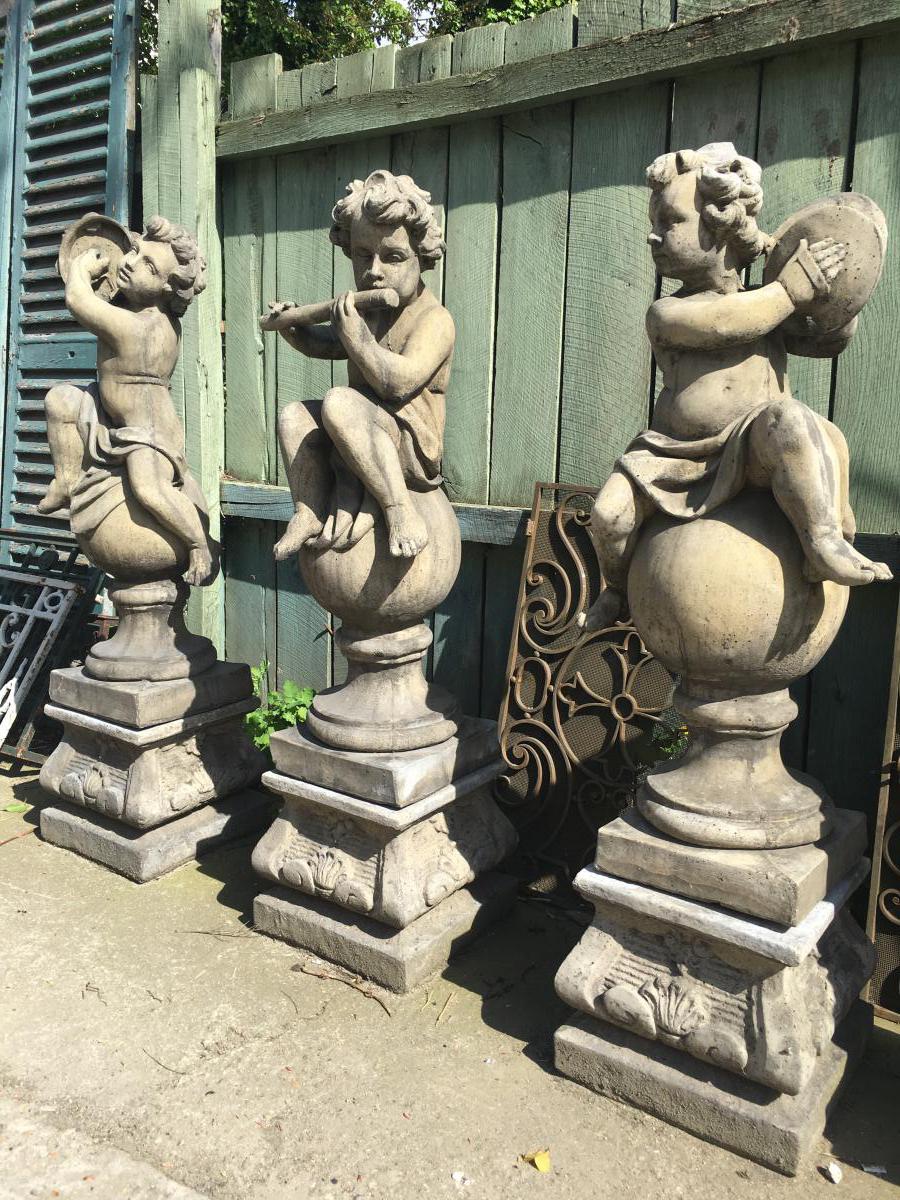 Ensemble De 4 Anges / Puttis Musiciens Sur Socles, Statues De Jardin...-photo-2