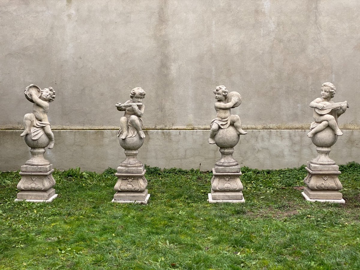 Ensemble De 4 Anges / Puttis Musiciens Sur Socles, Statues De Jardin...-photo-3