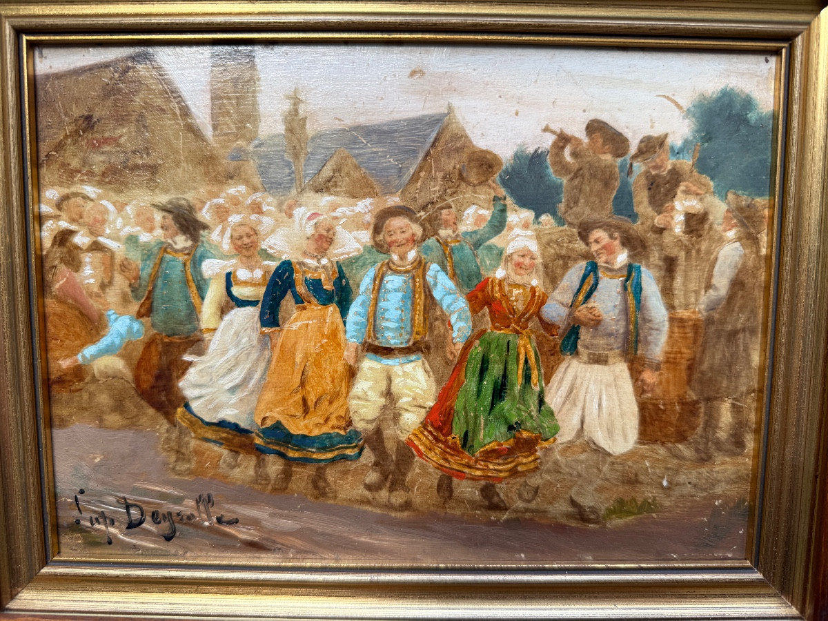 Scene Of Breton Characters, Village Festival, Signed Théophile Louis Deyrolle