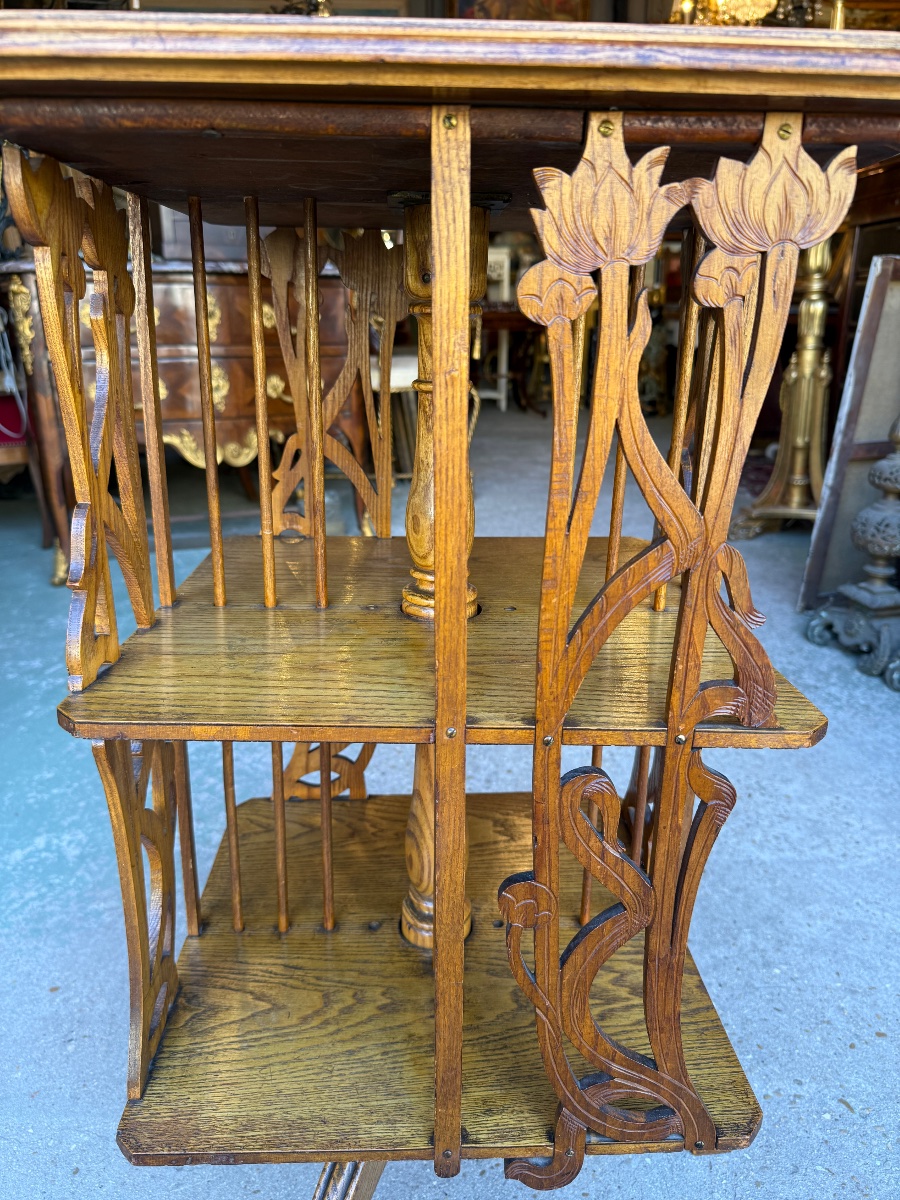 Art Nouveau-era Carved Oak Rotating Bookcase, Circa 1900-photo-2