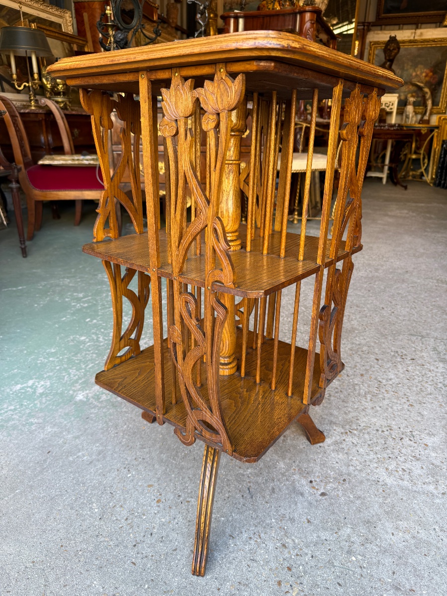 Art Nouveau-era Carved Oak Rotating Bookcase, Circa 1900-photo-4