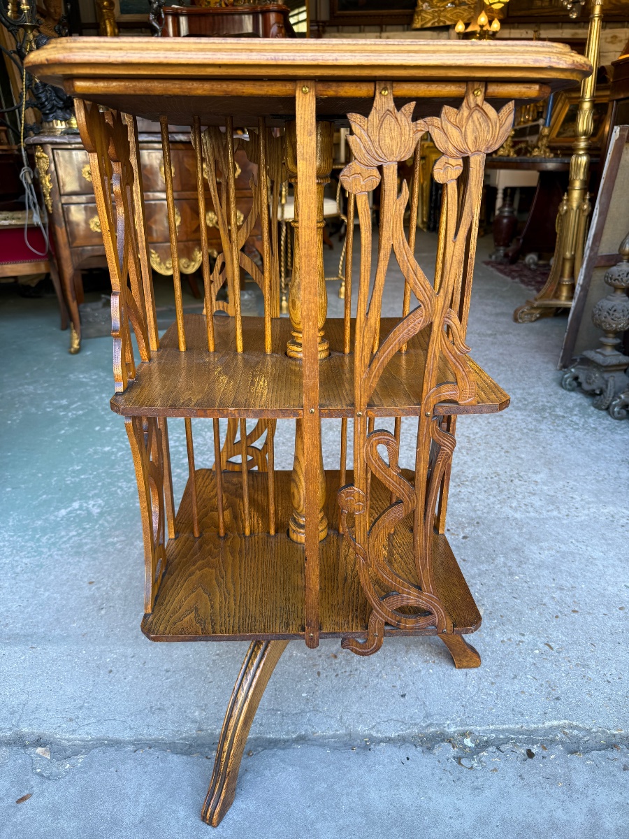 Art Nouveau-era Carved Oak Rotating Bookcase, Circa 1900-photo-1