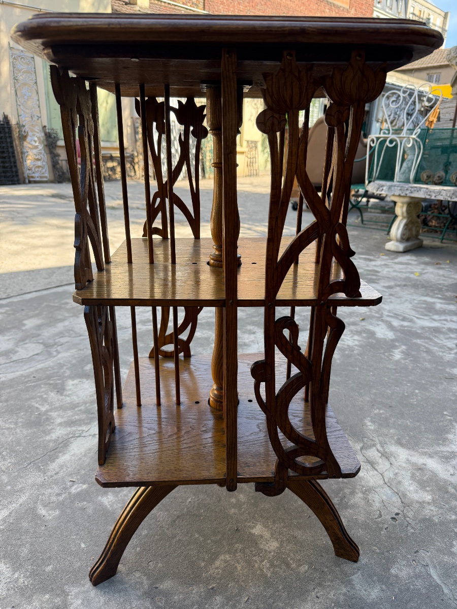 Art Nouveau-era Carved Oak Rotating Bookcase, Circa 1900-photo-2