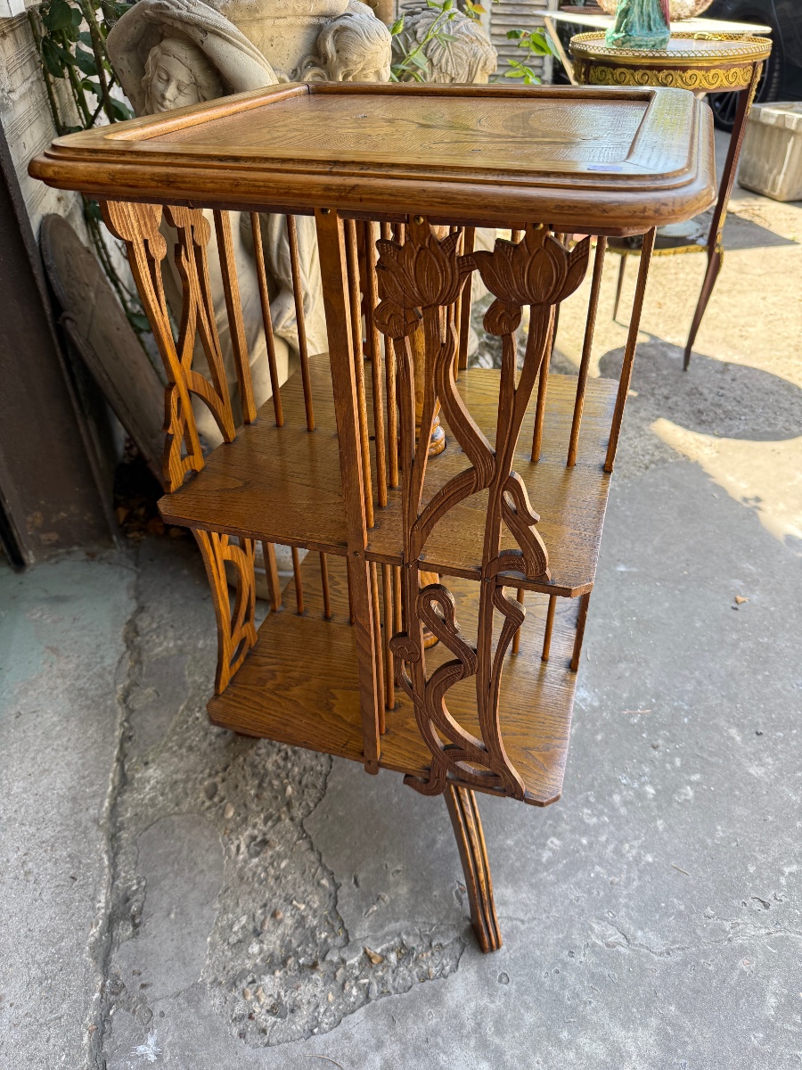 Art Nouveau-era Carved Oak Rotating Bookcase, Circa 1900-photo-8