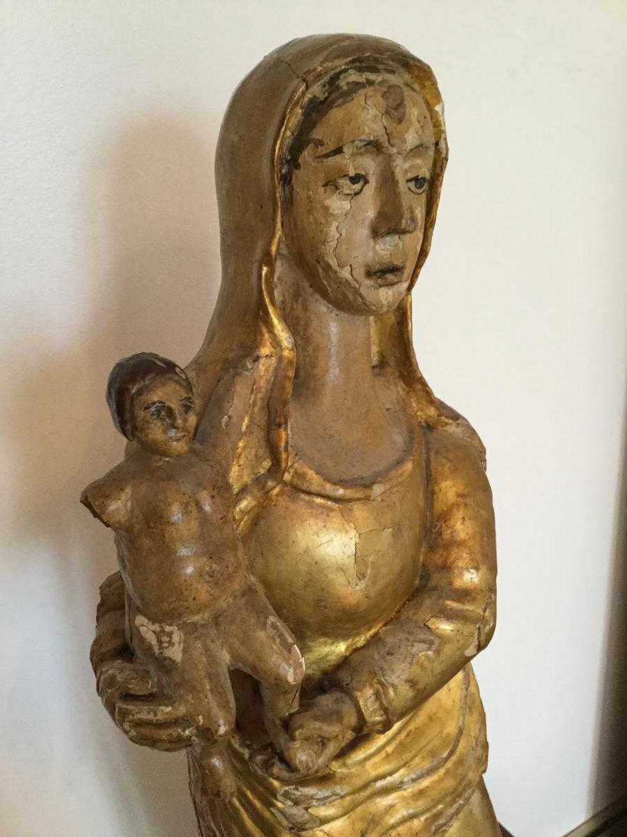 Grande Vierge à l'Enfant XVIIIème Siècle,en Bois Sculpté Doré Et Polychrome -photo-2