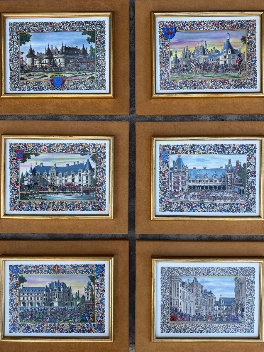 Suite de 6 plaques en porcelaine polychrome représentant les châteaux de la Loire -photo-2