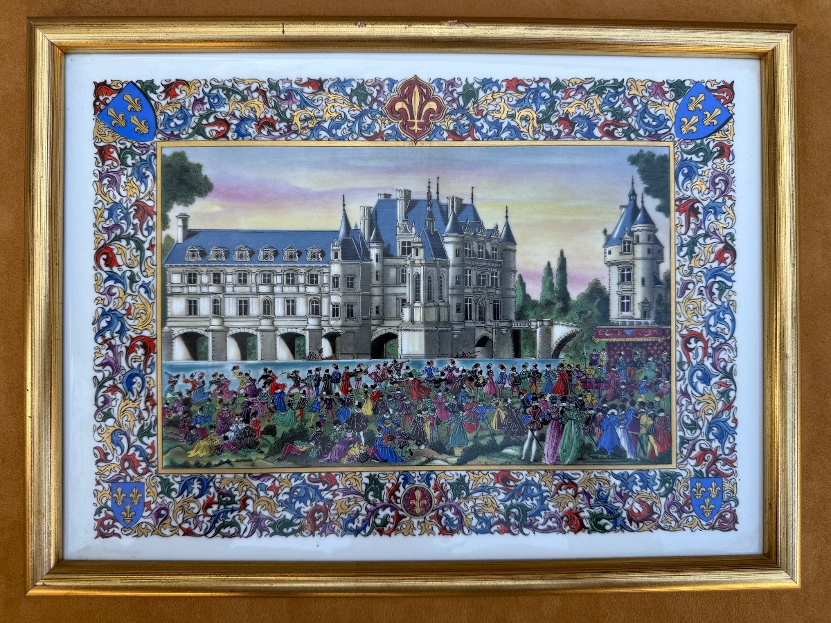 Suite de 6 plaques en porcelaine polychrome représentant les châteaux de la Loire -photo-4