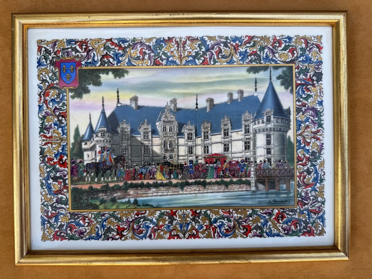 Suite de 6 plaques en porcelaine polychrome représentant les châteaux de la Loire -photo-2