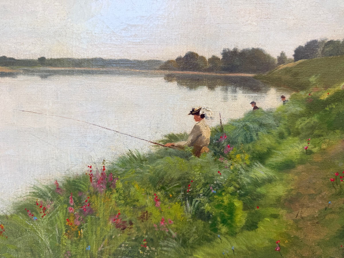 Paysage de campagne, pêcheurs en bord de rivière, HST fin XIXème signé-photo-2
