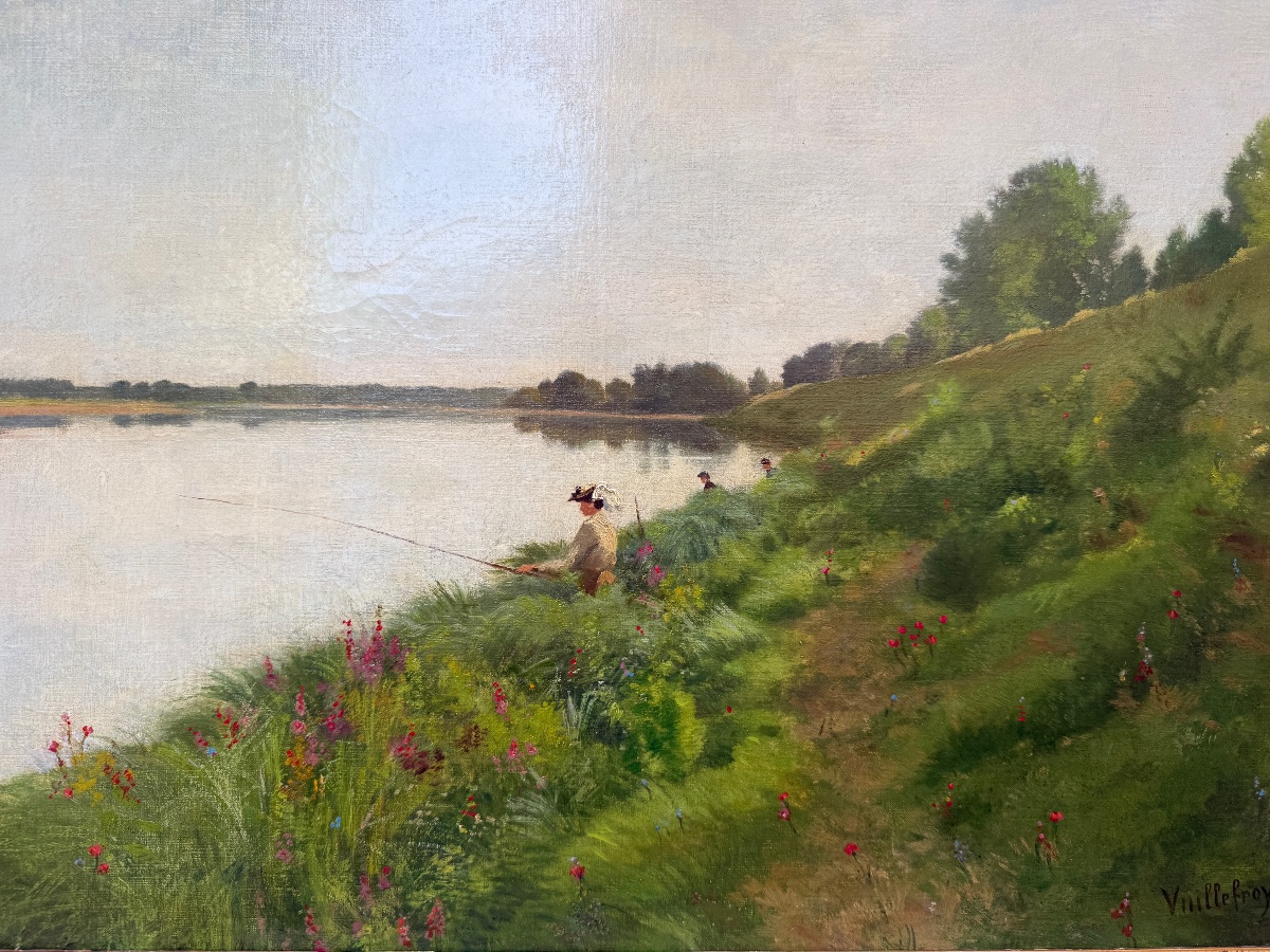 Paysage de campagne, pêcheurs en bord de rivière, HST fin XIXème signé-photo-3