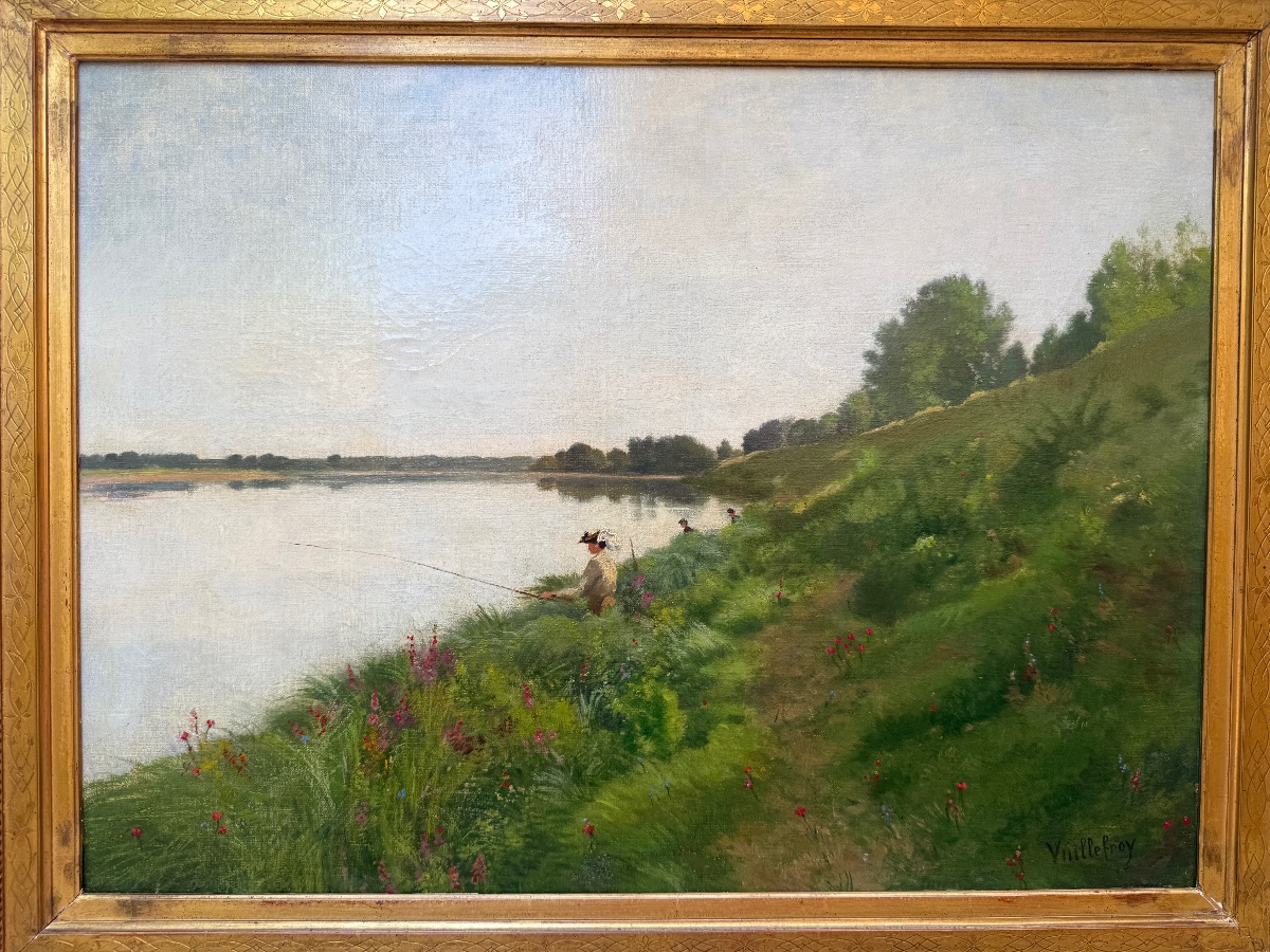 Paysage de campagne, pêcheurs en bord de rivière, HST fin XIXème signé-photo-4