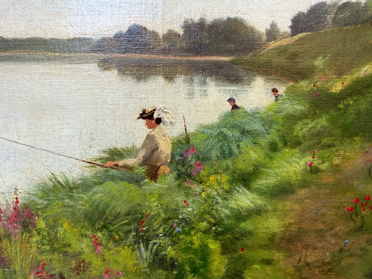 Paysage de campagne, pêcheurs en bord de rivière, HST fin XIXème signé