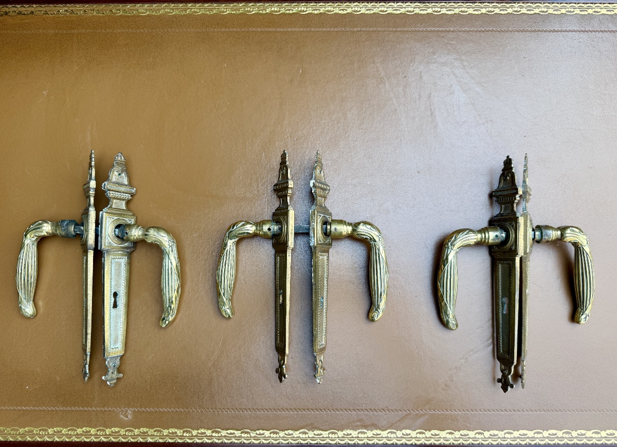 3 Pairs Of Louis XVI-style Bronze Door Handles, Circa 1900, With Protective Plates -photo-3