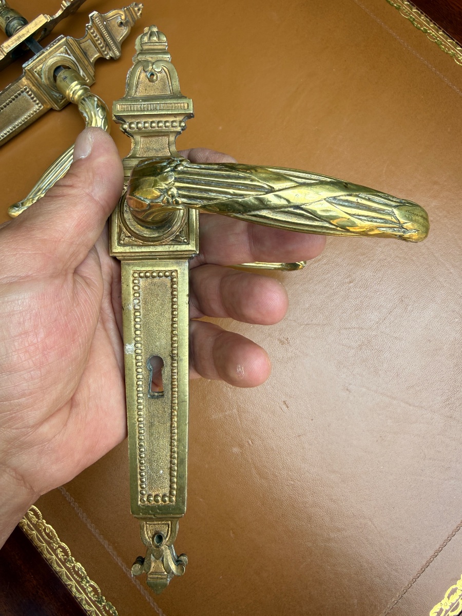3 Pairs Of Louis XVI-style Bronze Door Handles, Circa 1900, With Protective Plates 