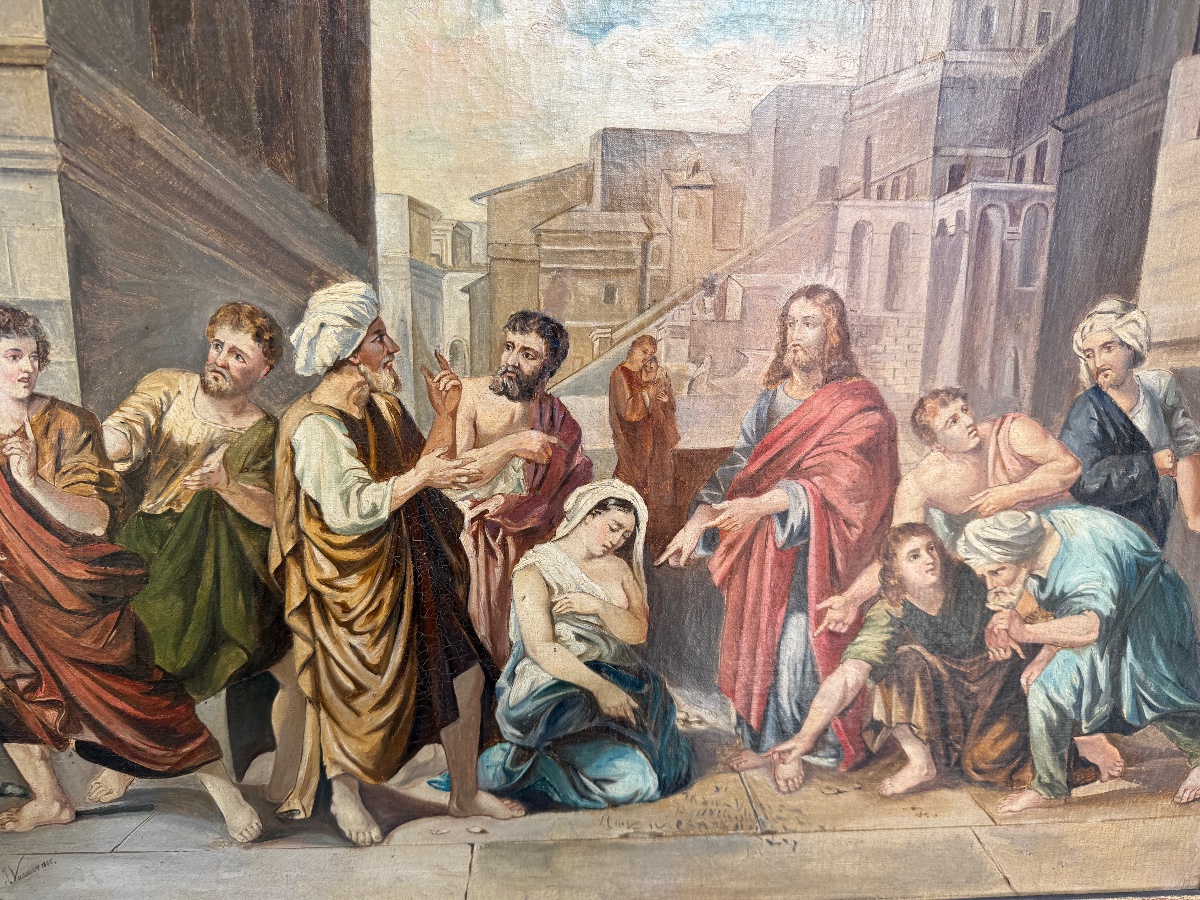 Tableau religieux, le Christ et L'hémorroïsse daté 1886 et signé Juliette VASSEUR -photo-2