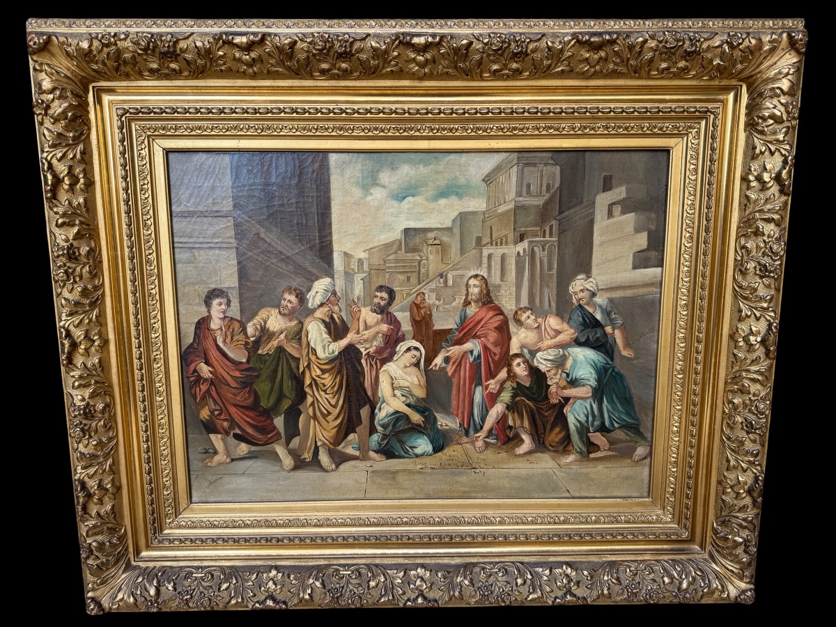 Tableau religieux, le Christ et L'hémorroïsse daté 1886 et signé Juliette VASSEUR -photo-4