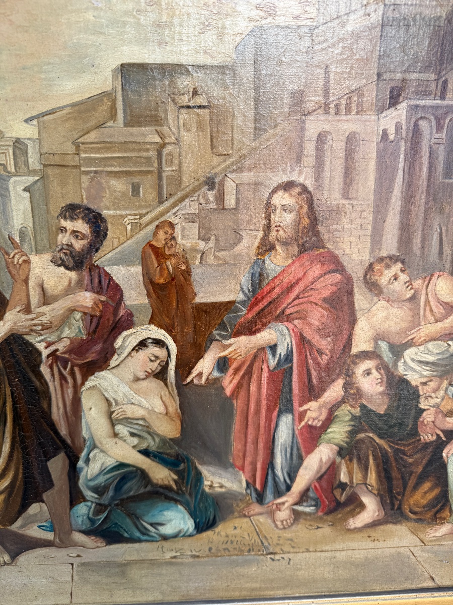 Tableau religieux, le Christ et L'hémorroïsse daté 1886 et signé Juliette VASSEUR -photo-1