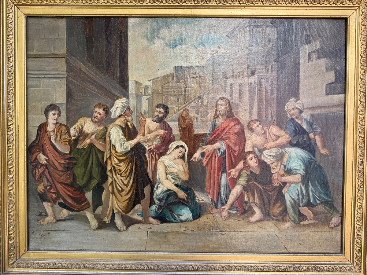 Tableau religieux, le Christ et L'hémorroïsse daté 1886 et signé Juliette VASSEUR -photo-4